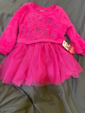 Girls' Hot Pink Fuzzy Tulle Casual Dress